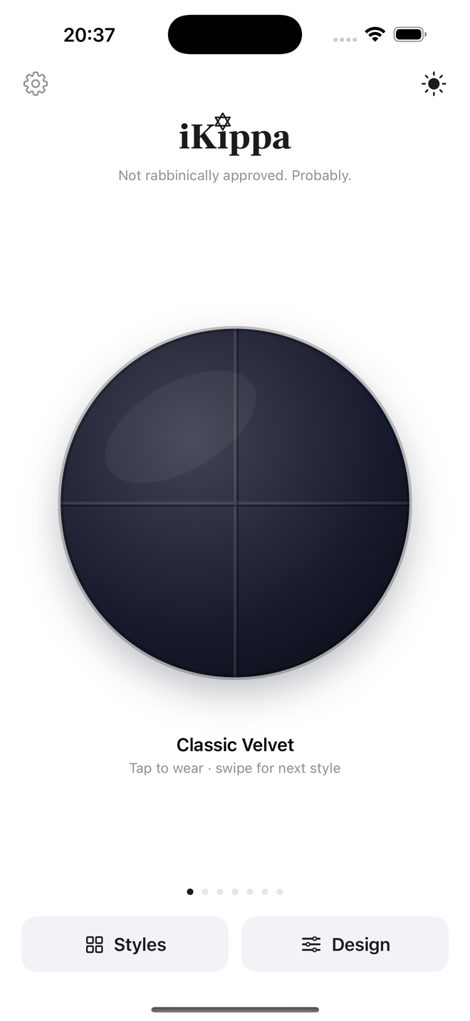 The iKippa home screen showing a black velvet kippa